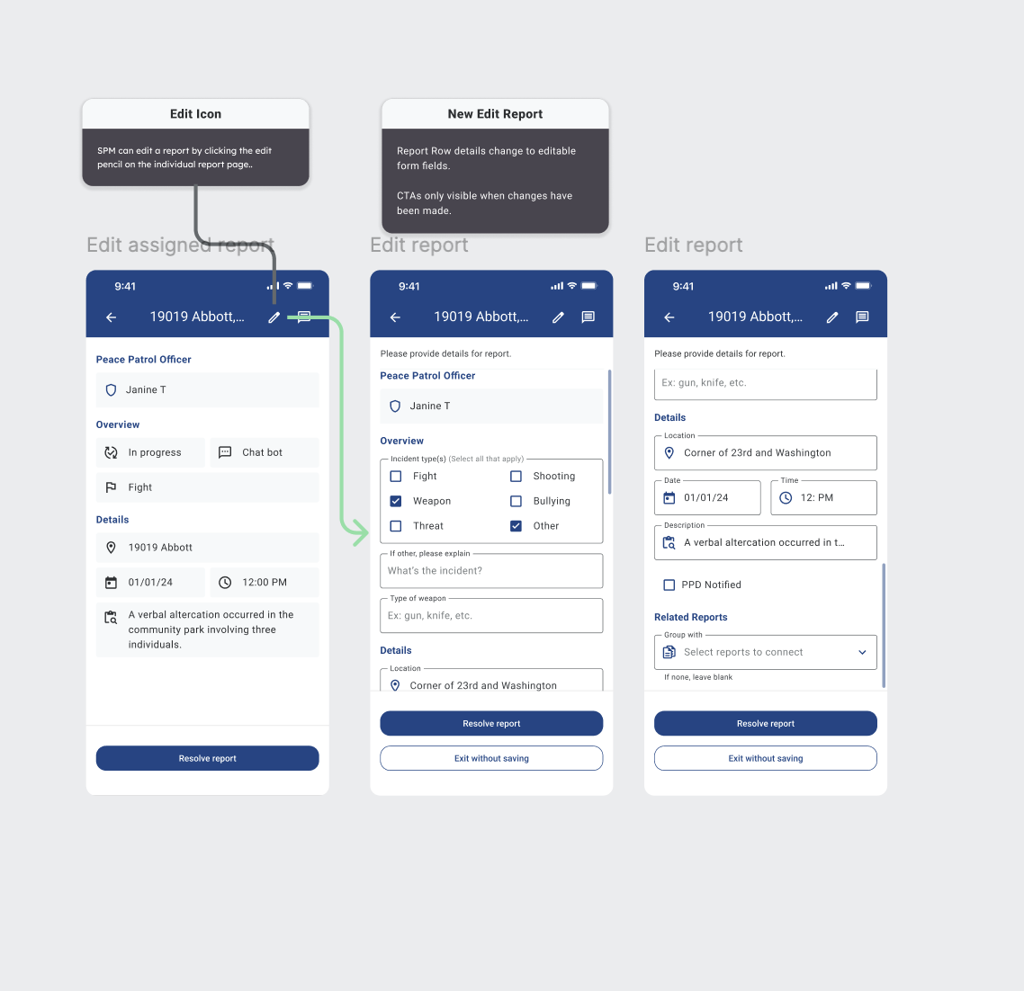 Edit flow from the pencil icon into form fields with conditional CTAs